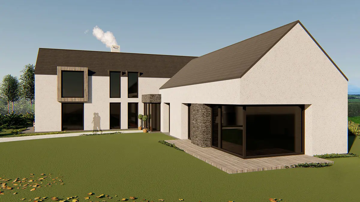 Modern suburban house with large windows and garden