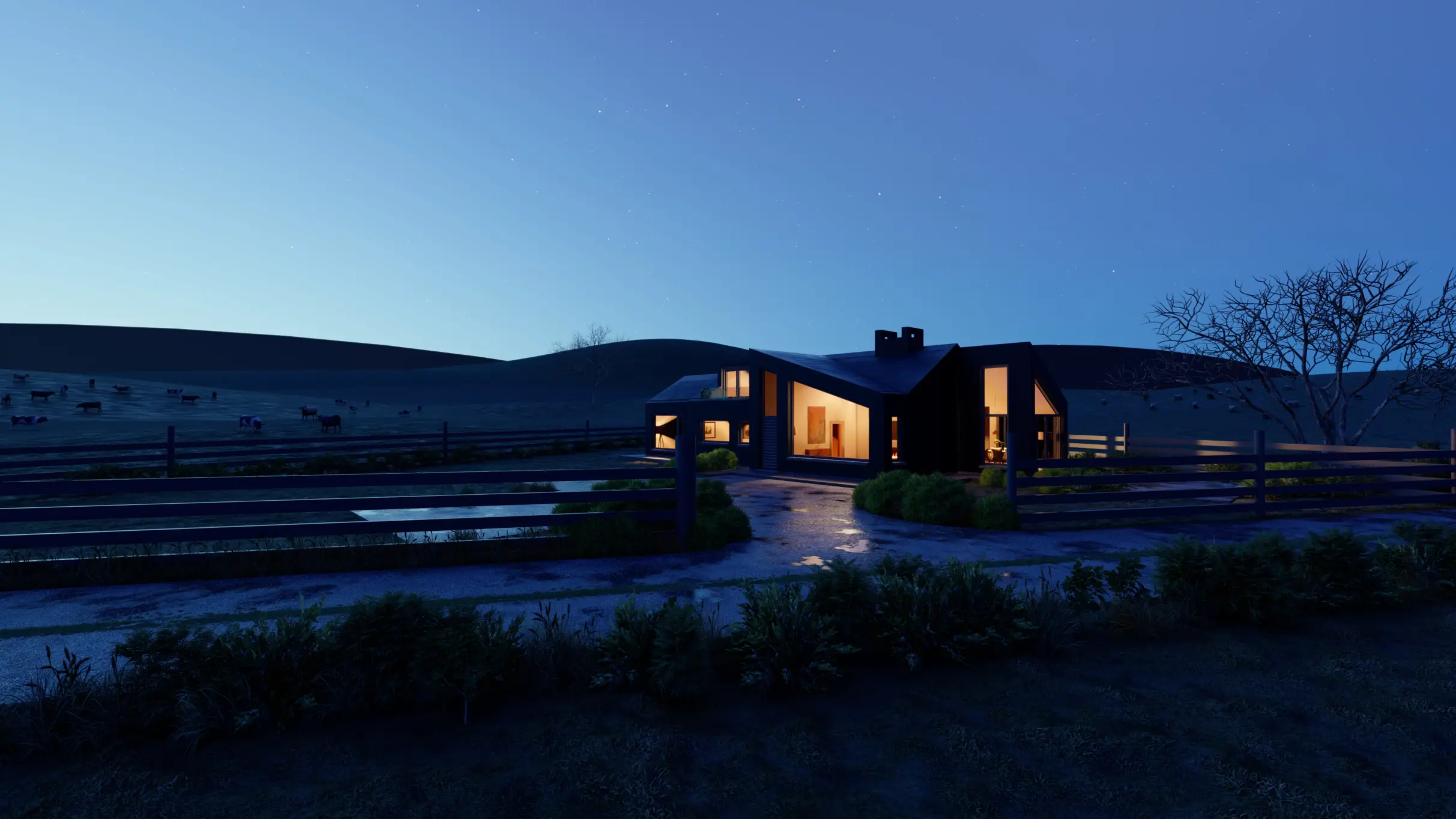 Modern farmhouse with evening lights and pasture landscape.